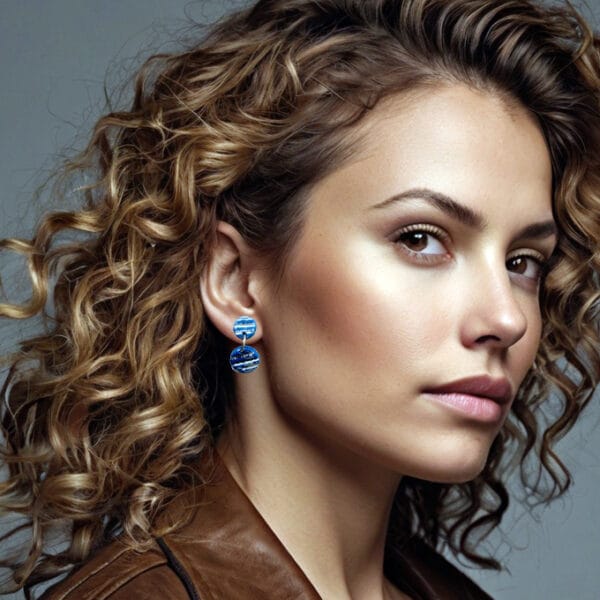 Aros colgantes tipo moneditas en azul con efecto metalizado gastado plateado, hechos a mano de porcelana fría con postes de acero quirúrgico hipoalergénico.