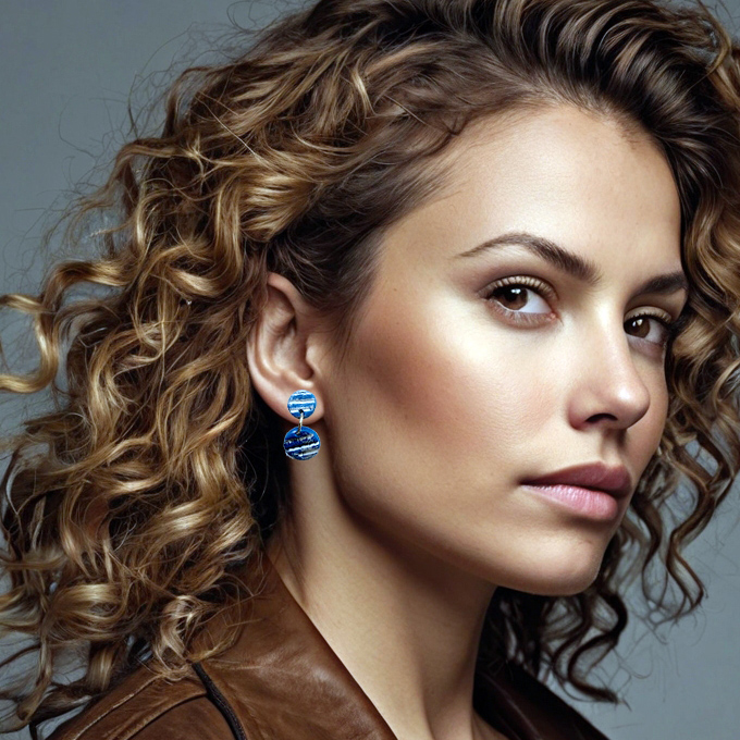 Aros de Porcelana Fría Hipoalergénicos “Moneditas” Aros colgantes tipo moneditas en azul con efecto metalizado gastado plateado, hechos a mano de porcelana fría con postes de acero quirúrgico hipoalergénico.