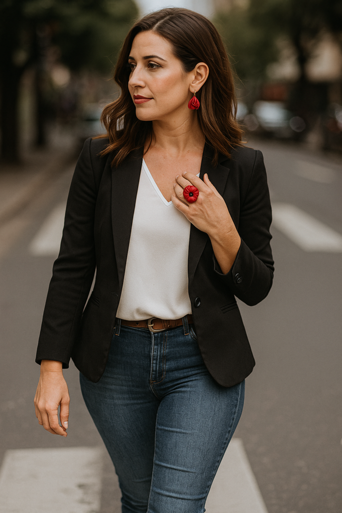 Acero quirúrgico bijouterie: qué es y por qué elegirlo Mujer elegante cruzando la calle