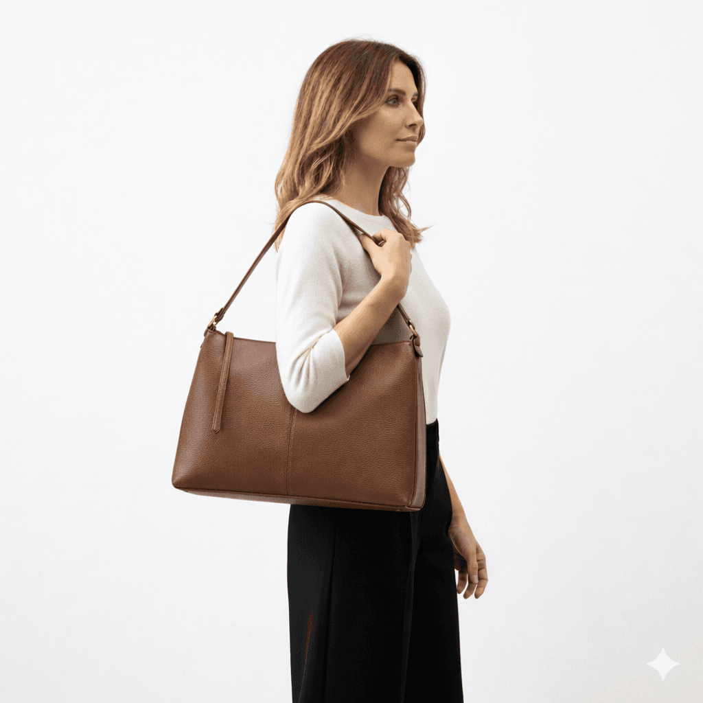 Mujer con bolso de cuero marron